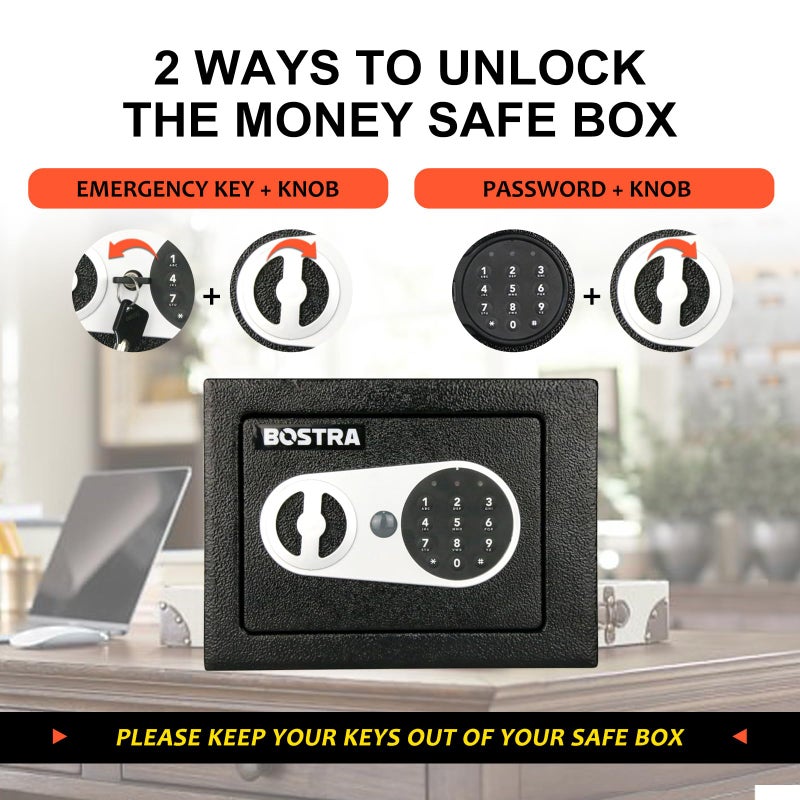Bostra Fireproof Safe Box with Sensor Light & Fireproof Bag  Money Safe Box with Digital Keypad Security Safe Box for Home  0.23 Cubic Small Safe with Keys & Pass Code for Cash Jewelry Silver - Image 5
